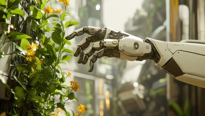 A robotic hand delicately touches a colorful flower in a garden