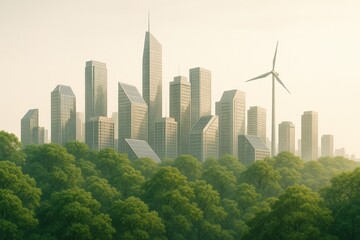 Fototapeta premium Green City With Skyscrapers And Wind Turbine In Forest