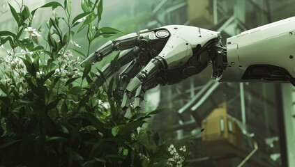 A robotic hand delicately touches a colorful flower in a garden