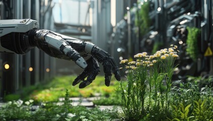 A robotic hand delicately touches a colorful flower in a garden