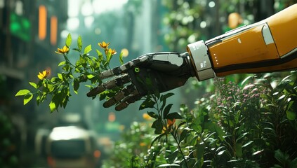 A robotic hand delicately touches a colorful flower in a garden