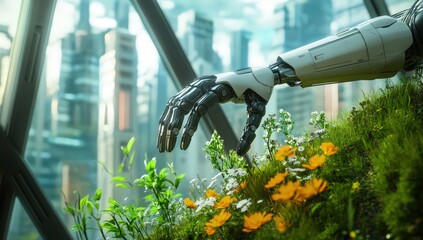 A robotic hand delicately touches a colorful flower in a garden