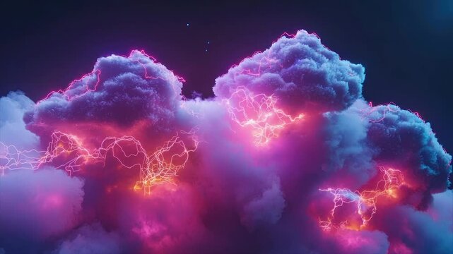 Neon storm clouds explode in vibrant hues against a dark night sky