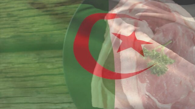 Algerian flag overlay waving, cast iron skillet sliding with raw meat parsley-topped for showcase