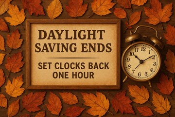 Daylight Saving Ends Sign With Clock And Autumn Leaves