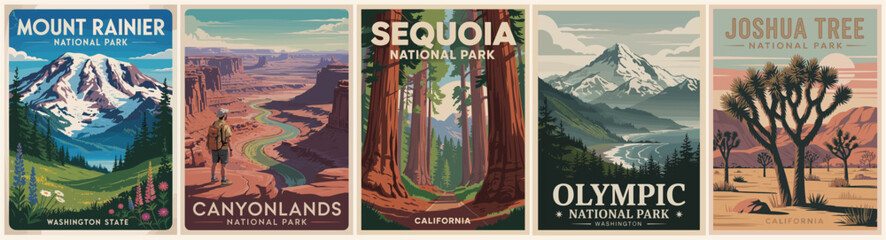 Retro vector poster set of US National Parks including Mount Rainier, Canyonlands, Sequoia, Olympic, and Joshua Tree. Vintage travel design for prints, decor, souvenirs, or wall art