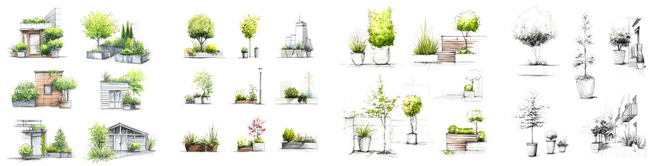 Fototapeta premium Lush greenery, elegant plants, and garden designs featuring decorative planters, vibrant foliage, floral arrangements, and natural elements for landscaping projects and inspiration