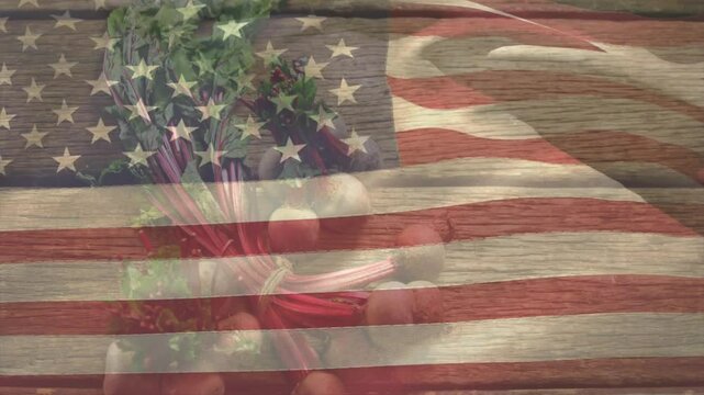 Hand entering frame starting slicing cucumber washing radishes arranging produce under flag overlay