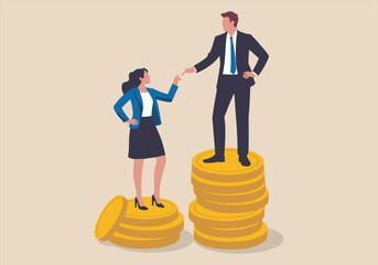Businessman and businesswoman standing on different stacks of gold coins gender pay gap income inequality concept vector illustration