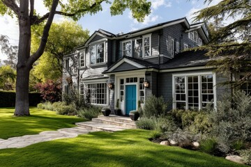 Fototapeta premium A spacious residence featuring numerous windows along with a gray roof