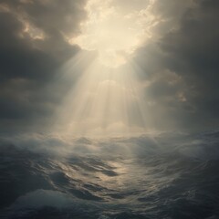 The bright sun is shining brightly through the clouds above the ocean