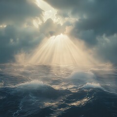 The bright sun is shining brightly through the clouds above the ocean