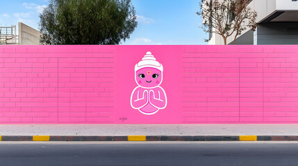Pink Pixel Art Mural of a Cute Character on a City Wall