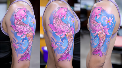 Pink and Blue Watercolor Koi Fish Tattoo on Man's Arm