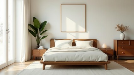 Serene Bedroom Interior Design Minimalist Wooden Bed, Neutral Bedding, Natural Light, and Simple Decor