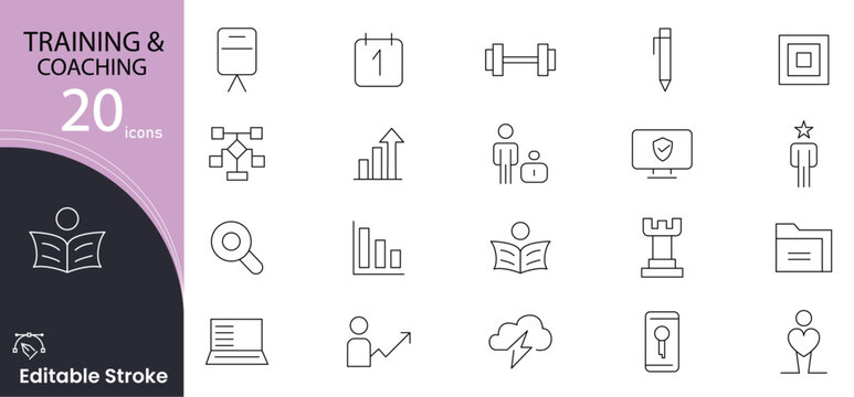 Training and coaching related line icons set. Business training, coaching, mentoring, education, meeting, conference and  teamwork office outline icon collection. Editable stroke. 