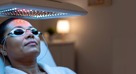 Woman receiving LED light therapy facial treatment protective goggles spa clinic. Professional skincare procedure anti aging rejuvenation wellness concept. Copy space