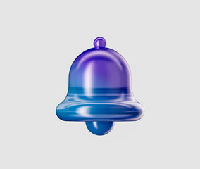 3D Bell icon in blue and purple tones, symbolizing notifications, alerts or reminders. 3d illustration