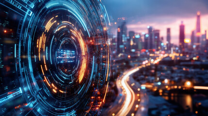 Obraz premium A futuristic holographic 5G interface floating above a smart city, showing real-time data