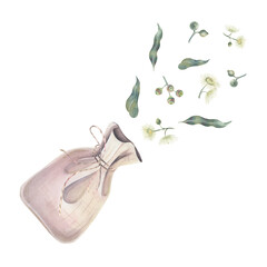 Linen bag with eucalyptus, tied with a delicate string, shoots, leaves, flowers, watercolor isolated on white. Botanical illustration of medicinal herbs hand drawn for natural cosmetics, aromatherapy