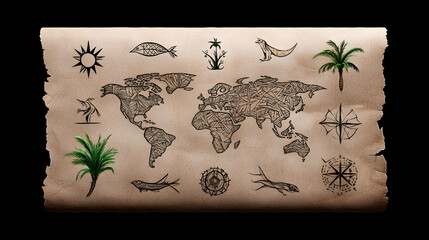 Vintage World Map Illustration with Desert Animals and Palm Trees