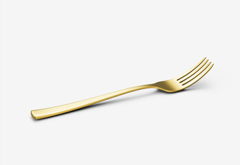 A sleek gold-plated fork with a reflective finish and a slightly curved handle. 3D Illustration