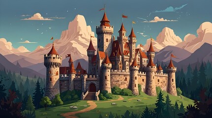 Fairytale castle perched atop a lush green hill, majestic mountains and clouds in the background.generaive.ai