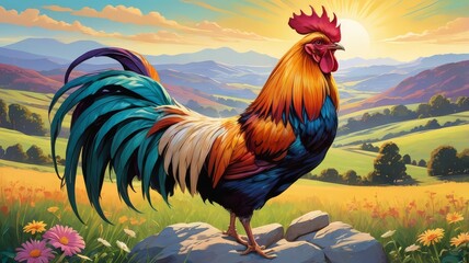 SEO Friendly Title: Vibrant Rooster at Sunrise in a Floral Meadow | Countryside Art Print, Portugal.