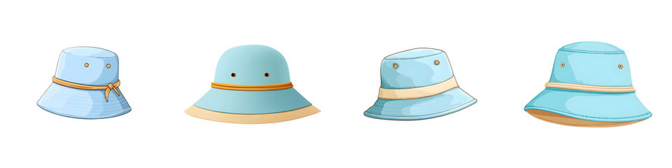 Stylish blue bucket hats in various designs, showcasing unique details and colors perfect for summer, fashion, outdoor activities, and sun protection.
