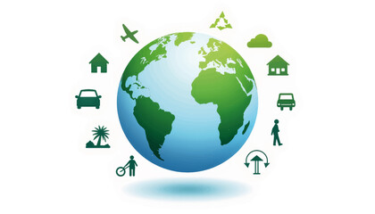 Stylized globe with icons representing carbon footprint sources, sustainability