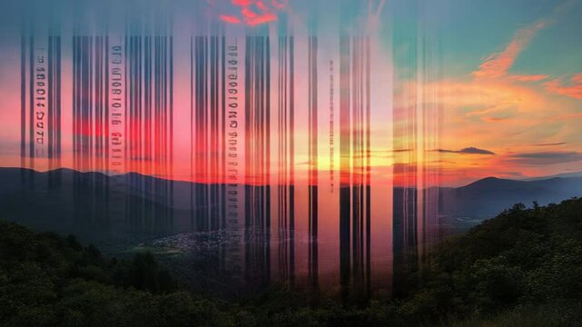 Serene mountain landscape merging with digital information at sunset, creating a unique blend