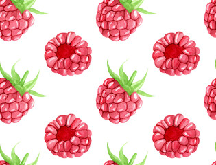 Seamless watercolor pattern with ripe raspberries with and without stems. Botanical illustration on white background. Suitable for background, fabric, invitations and labels.