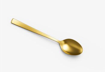 A shiny golden spoon with a reflective surface, slender handle and oval bowl. 3D Illustration.