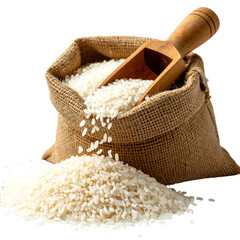 A burlap sack filled with uncooked white rice and a wooden scoop, with grains spilling out