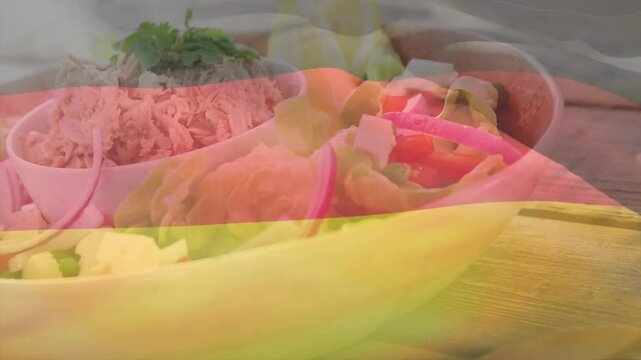 Warm bands sweeping over rice bowl, hand shifting bowl, draping and pressing napkin, camera tilting