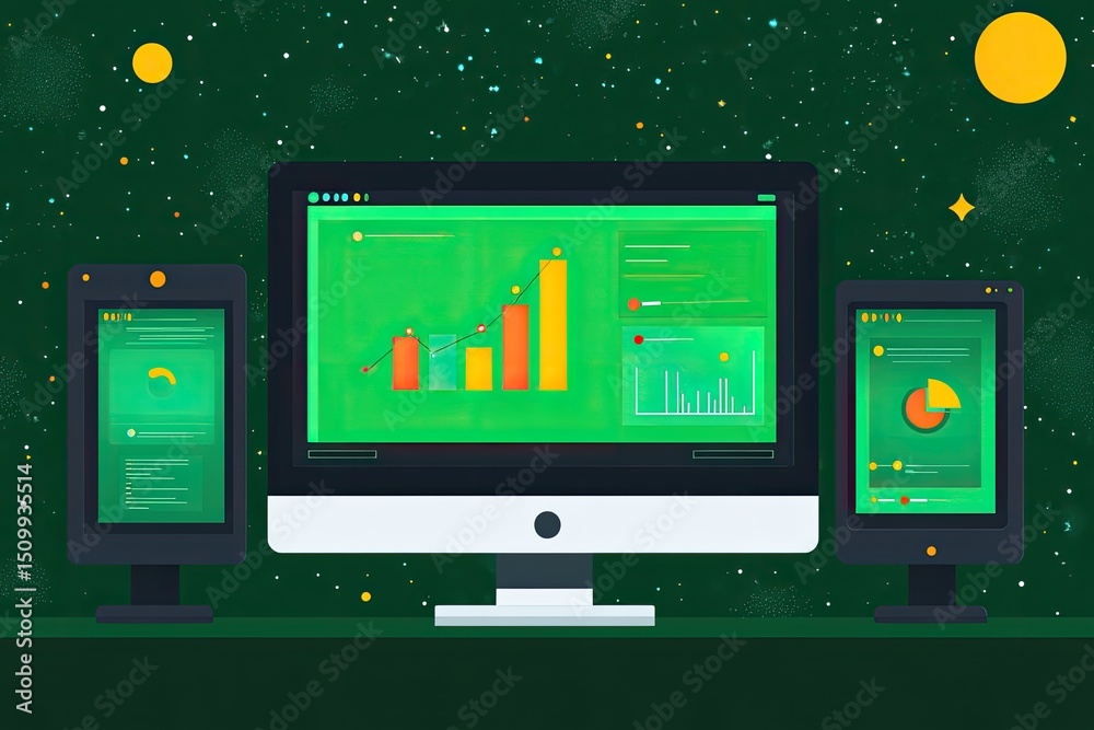 Wall mural multiple computer screens display data
