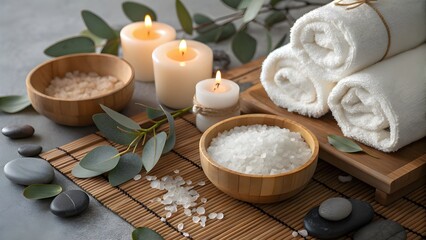 Spa-Themed Flat Lay with Candles and Eucalyptus