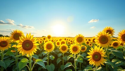 Obraz premium Bright Sunflower Field at Sunset with Clear Blue Sky and Fluffy Clouds