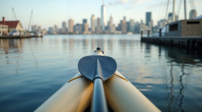 Kayak paddle resting on the front of a kayak in urban waterfront   - Powered by Adobe