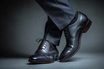 Man's crossed legs in navy trousers and polished black Oxford shoes on a grey background