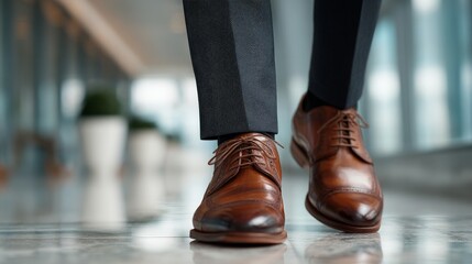 Close-up of brown dress shoes walking on glossy marble floor in a modern office