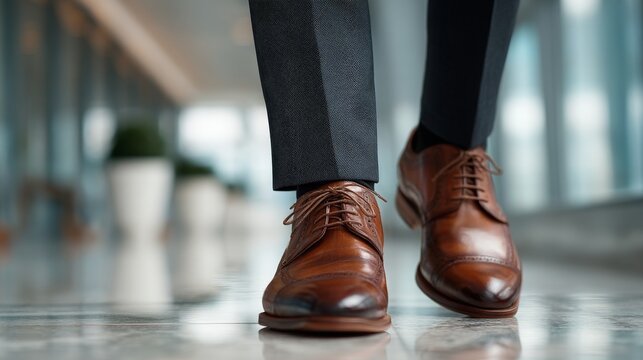 Close-up of brown dress shoes walking on glossy marble floor in a modern office
