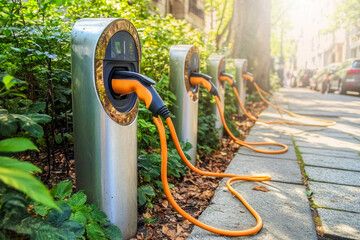 Modern electric vehicle charging station in a row stands amidst lush greenery and pathway, technology in a natural setting, sustainable energy solutions, eco-friendly transportation.