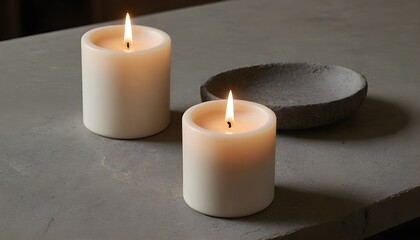Minimalistic Scene with Two Lit White Candles in a Serene Setting
