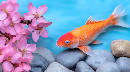 Orange Koi Fish with Pink Cherry Blossoms and Stones