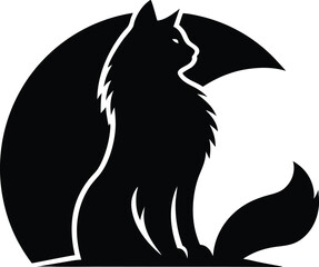 Silhouette of a cat sitting in front of a crescent moon design