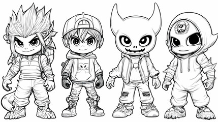 Black and White Cartoon Character Illustration Group