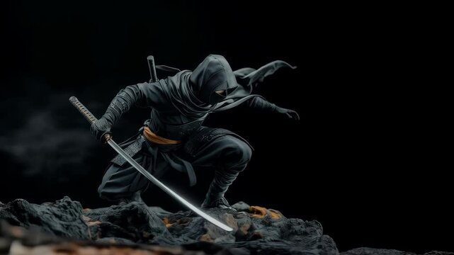 ninja in black clothes with sword on the dark background with copy space