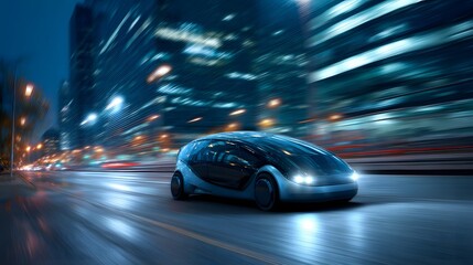 Futuristic vehicle gliding through city lights, embodying speed and urban innovation