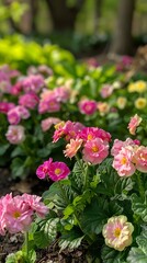 Close up of pink primrose flowers blooming in a garden bed with green foliage in the background